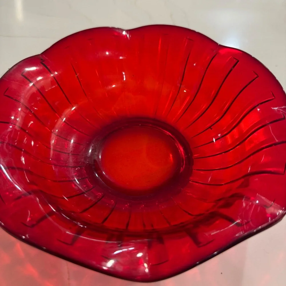 Fenton Ruby Red Ribbed Glass Bowl Scalloped Edge Fluted Mid-Century Modern